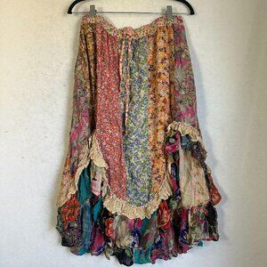 Vintage Midi Skirt sz XL tiered Mixed Print Floral Boho Hippie gypsy pull on